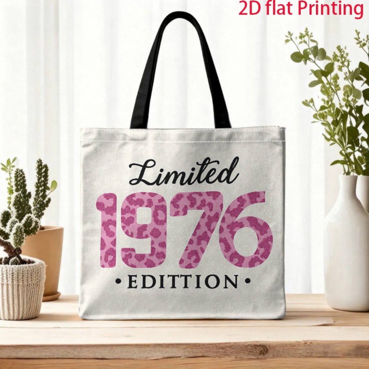 E-shop 1 Stück 2D Damen-Tragetasche, Großvolumige Doppelseitig Bedruckte Edition 1976 Pink Leopardenmuster Tragetasche mit Schwarzen Griffen,