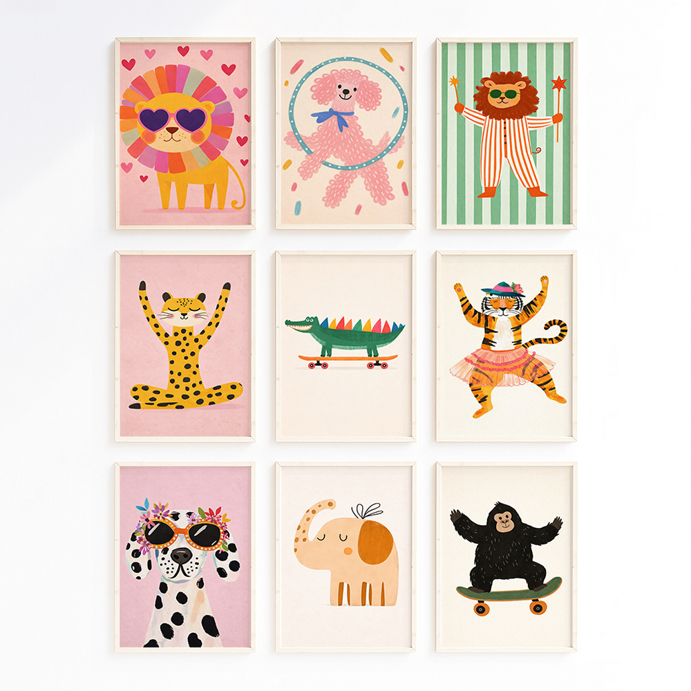 TEMU 2d Flat, 2d Flat, 9pcs Yoga Leopard Elephant Lion Wall Art Nursery Animal Print Baby Room Decor Kids Jungle Art Illustration Pastel Decor,
