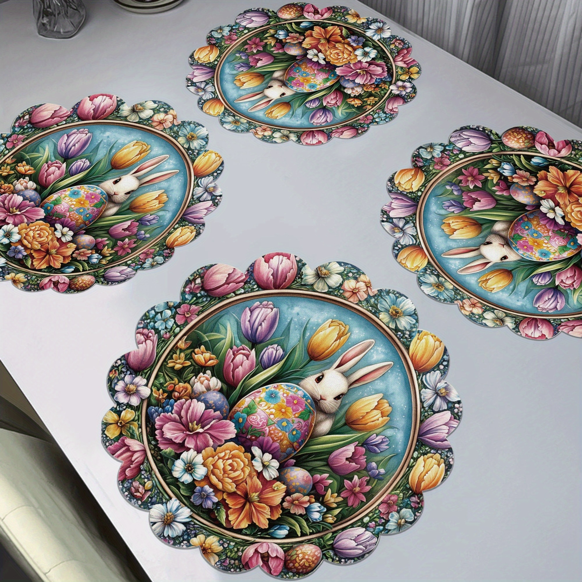 

Set Of 4 Easter Placemats - Bunny, Eggs & Tulips Design | Non-slip, Heat-resistant Polyester Table Mats For Dining & Parties | ,