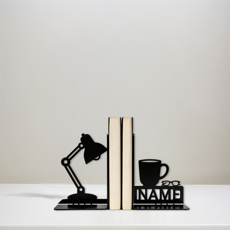 A Pair of Customizable Metal Bookshelves [Reading Office Theme] Wrought Iron Custom Bookends - Adjustable Desk Lamp with Coffee Cup Glasses Silhouette Pattern