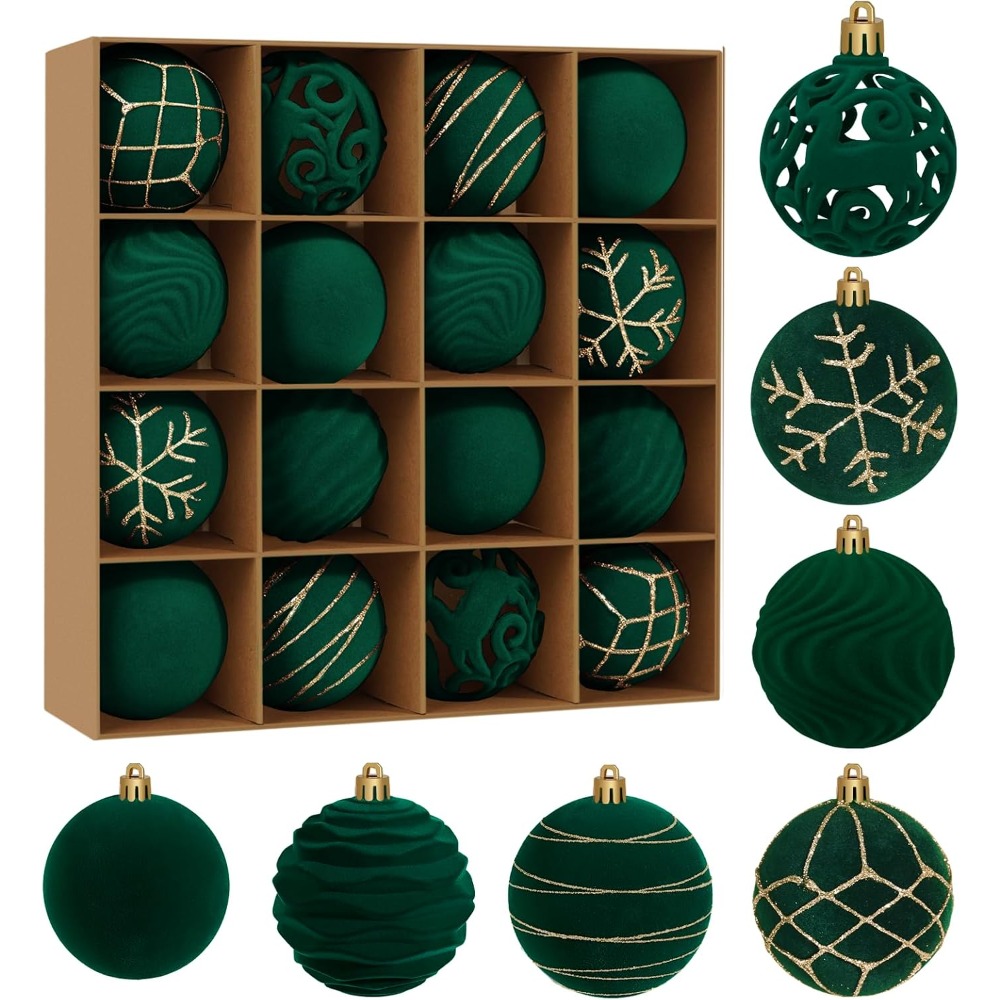 TEMU Set di 16 di velluto per decorazioni natalizie, in plastica inamovibili per albero di Natale foderate da 6 cm per decorazioni invernali per il