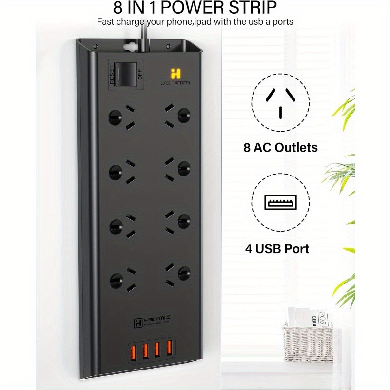 TEMU Powerboard Usb, 8-outlet Power Strip, Surge Protector Mountable With 4 Usb A Charging Ports, 2.4a Fast Phone Charging, Switch For