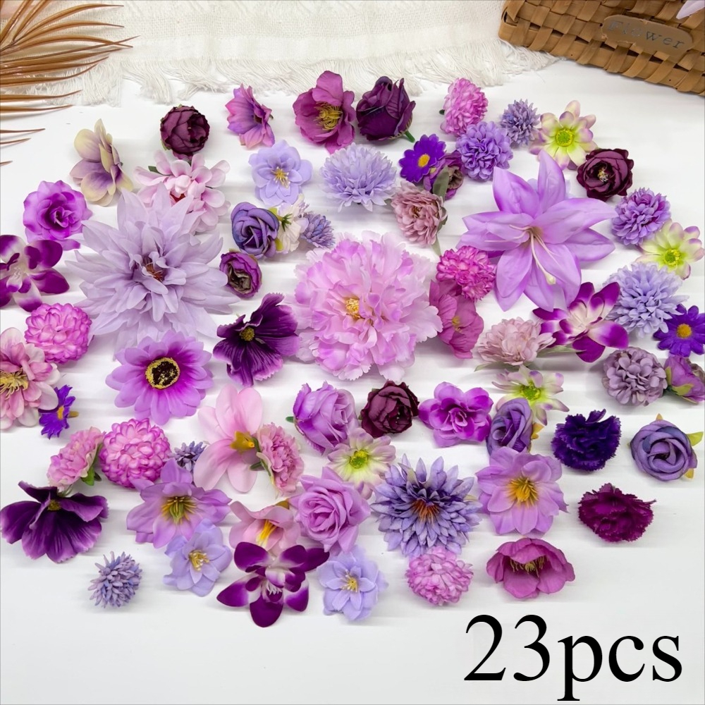 TEMU 23pcs Artificial Flower Heads Set, Random Purple Floral Patterns. Includes Rose Heads, Hydrangea Heads, Chrysanthemum Heads, Jasmine Heads And