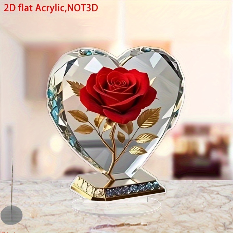 TEMU 2d Flat, Bohemian-style Heart Statue Ornament With Red Roses & - Flat Acrylic Romantic Tabletop Decor Suitable For Home Or Office - Elegant