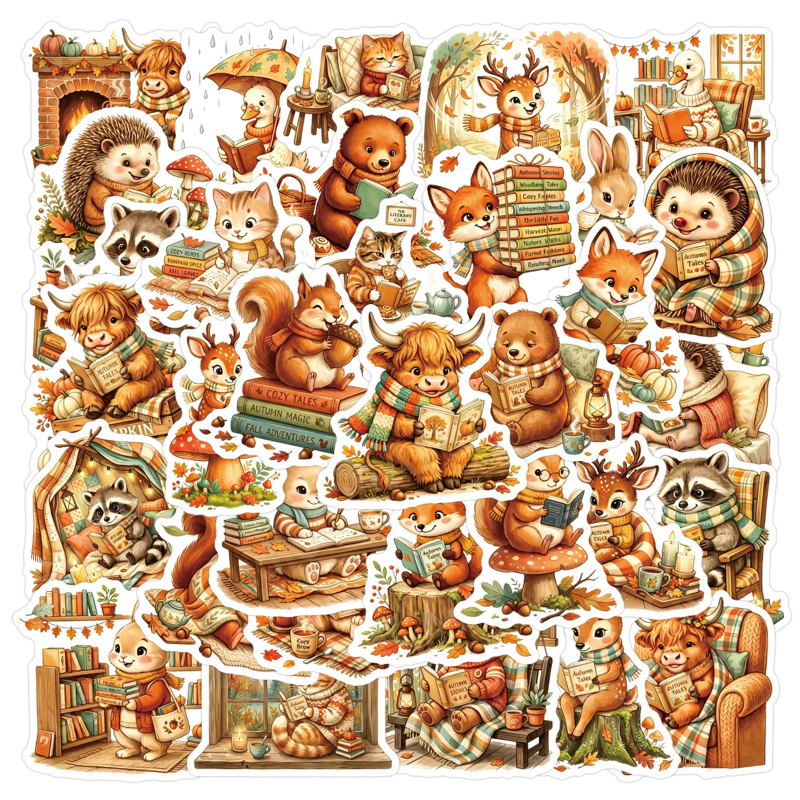 TEMU 50pcs Cozy Autumn Woodland Animals Reading Stickers Pack | Cycling Stickers And Decals Aesthetic Stickers, High Quality Stickers , Decorative