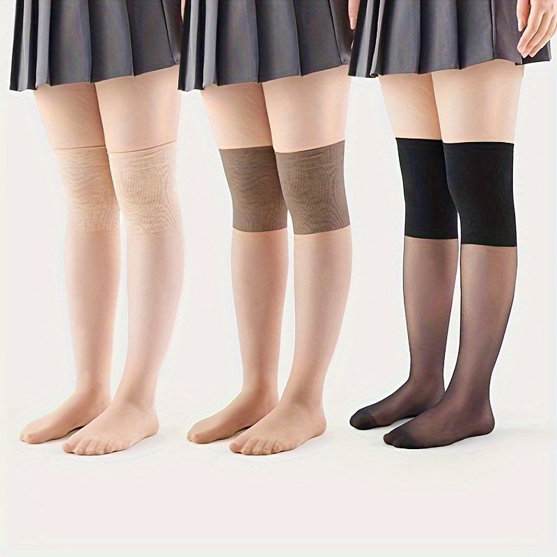 Image of 3 Pairs Of Women's Plus Size Over-the-knee Socks, Super Thin Anti-knot Long Stockings For Summer, Suitable For Air-conditioned Rooms In Black, Apricot And Coffee Color