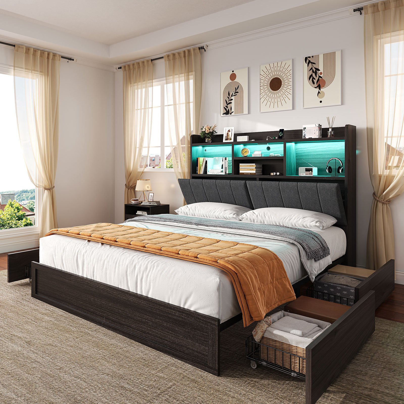 Platform Bed With 4 Storage Drawers, 51.2" Tall Led Bed Frame With Bookcase Headboard, Linen Upholstered, Charging Station& Hidden Storage Area, Spring Needed