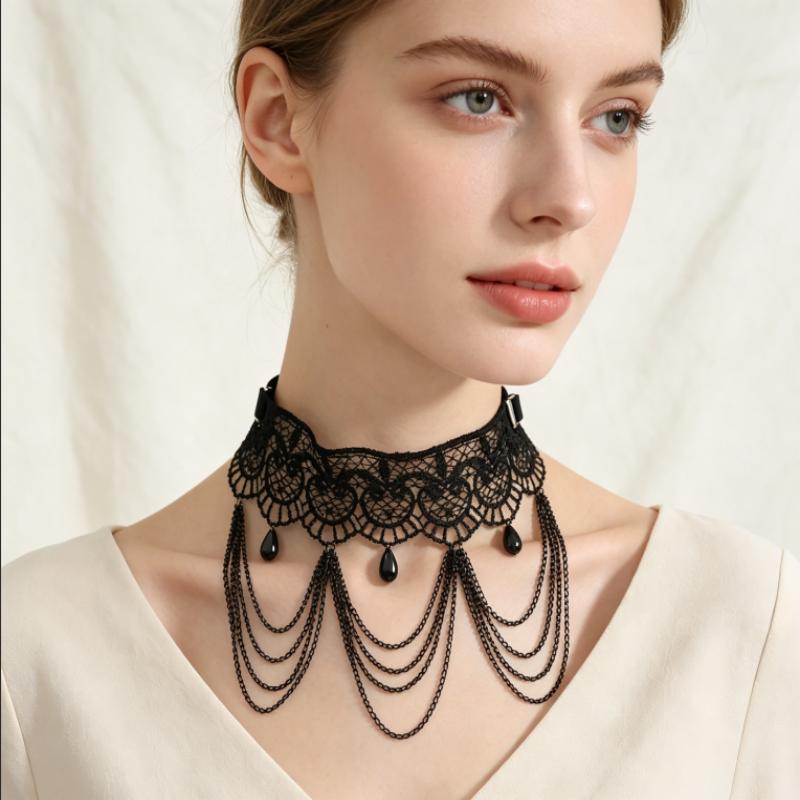 TEMU 1pc Gothic Black Lace Choker Necklace, Victorian Style Tassel Chain Neck Chain Leg Chain, Water Drop Pendant Neck Jewelry, Women's Halloween