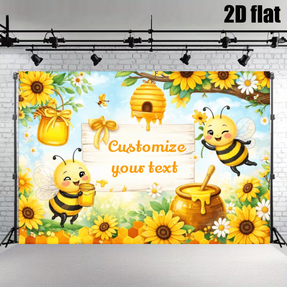 TEMU 2d Flat - 2d Party Flat Banner [customization] - 1pc Custom Text Party Polyester Background Cloth, With Bee Honey Sunflower , Suitable For Any