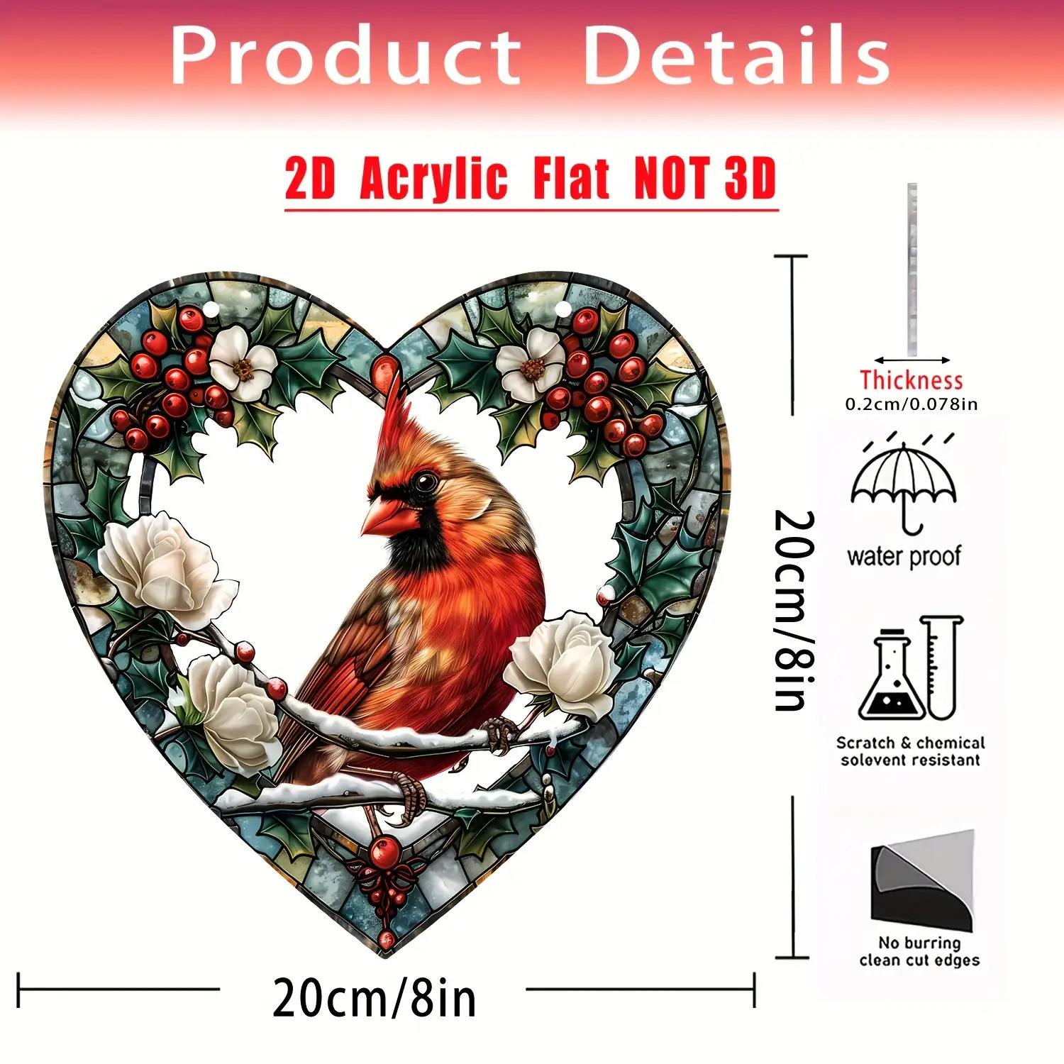 TEMU 2d Flat - 2d Plane, Suitable For All , 1pc Winter , 8 Inches * 8 Inches, Acrylic Heart-shaped Window Decoration, Garden Courtyard Home Art