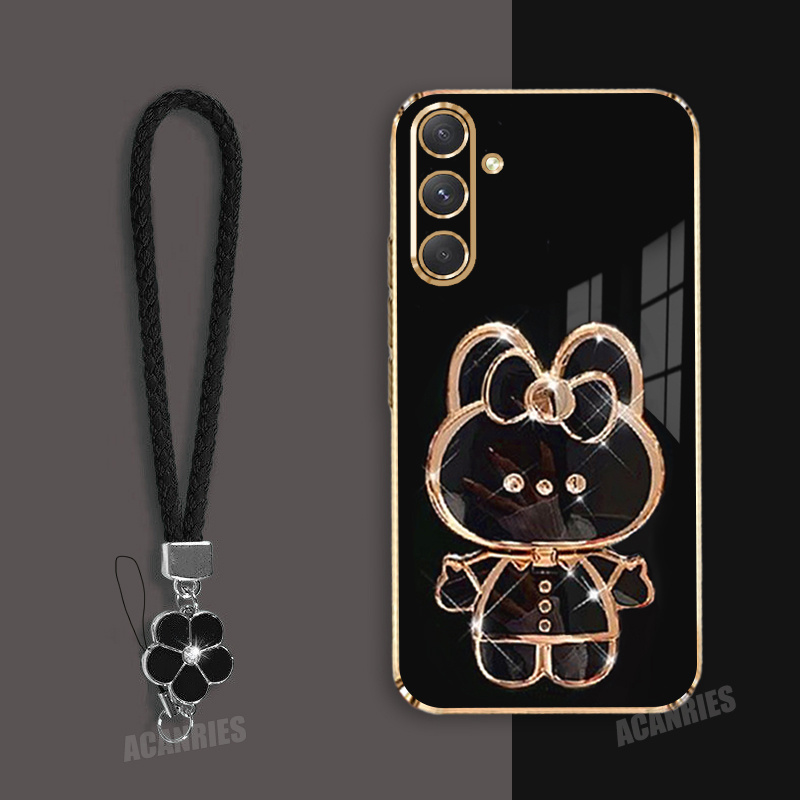 TEMU Phone Case: Acanries 1 Trendy Lanyard Wrist Strap With 1 Cute Rabbit Mirror Folding Stand Holder And 1 Luxury Plating Tpu Soft Protective Phone