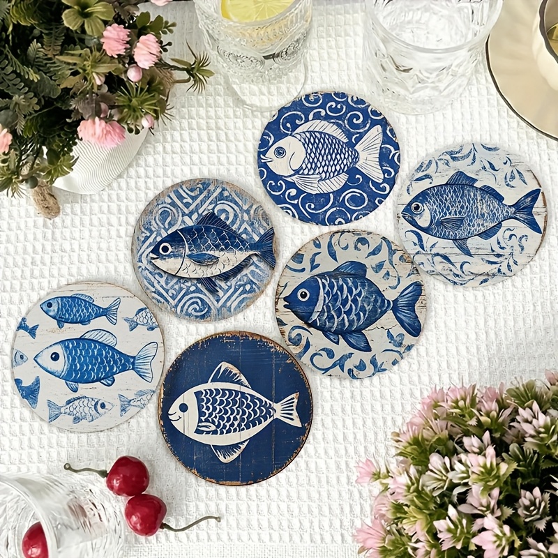 TEMU Juego de 6 piezas, Tapete de mesa de madera con de pescado azules y blancas, de aislamiento térmico para mesa de café de comedor de cocina,