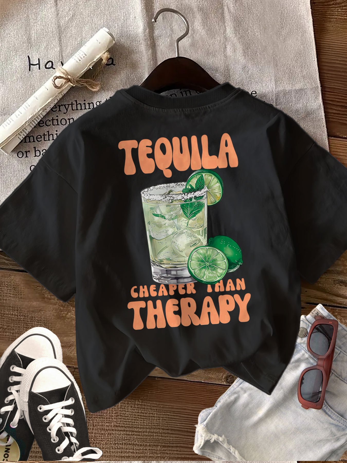 앞뒤 양면 프린트 봄/여름 여성용 상의, 상쾌한 여름 스타일, tequila cheaper than relax 라임 데킬라 프린트, 순수하고 패셔너블한 캐주얼 반팔 크루넥, 편안하고 통기성 좋은 여성용 티셔츠, xingk