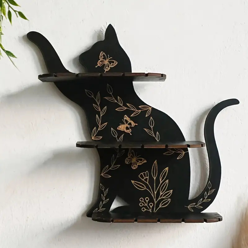 TEMU Large Bohemian Cat-shaped Wall Shelf With 3-tier Shelves - Artificial Wood -mounted Suitable For Home, Meditation Room Decor, Space-saving