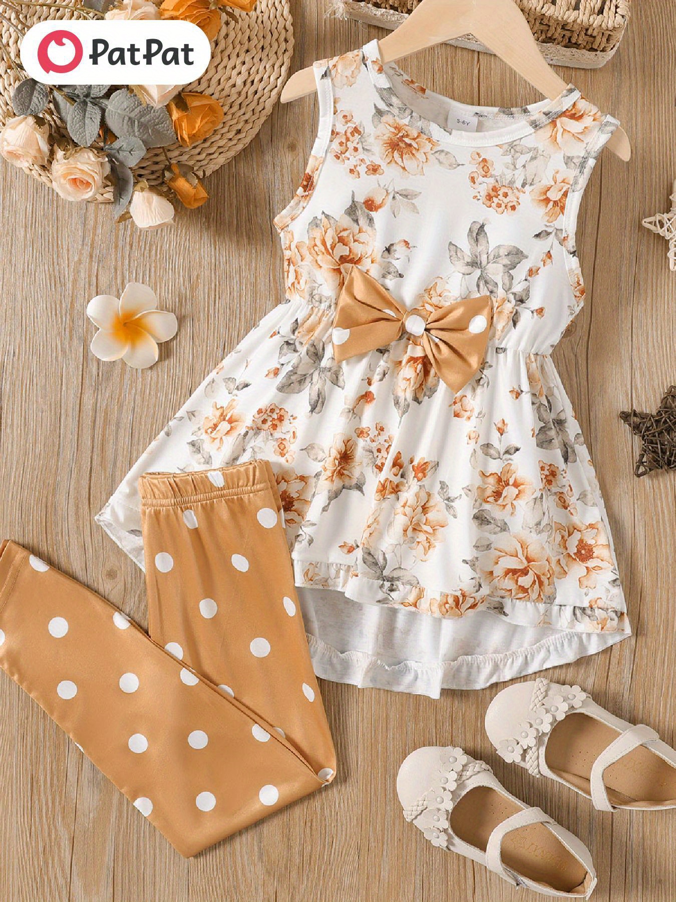 Toddler Kid Girl'S 2pcs Outfit Cute Floral Print Sleeveless Dress  with Bow Polka Dot Leggings Soft Clothes for Girls 2-12