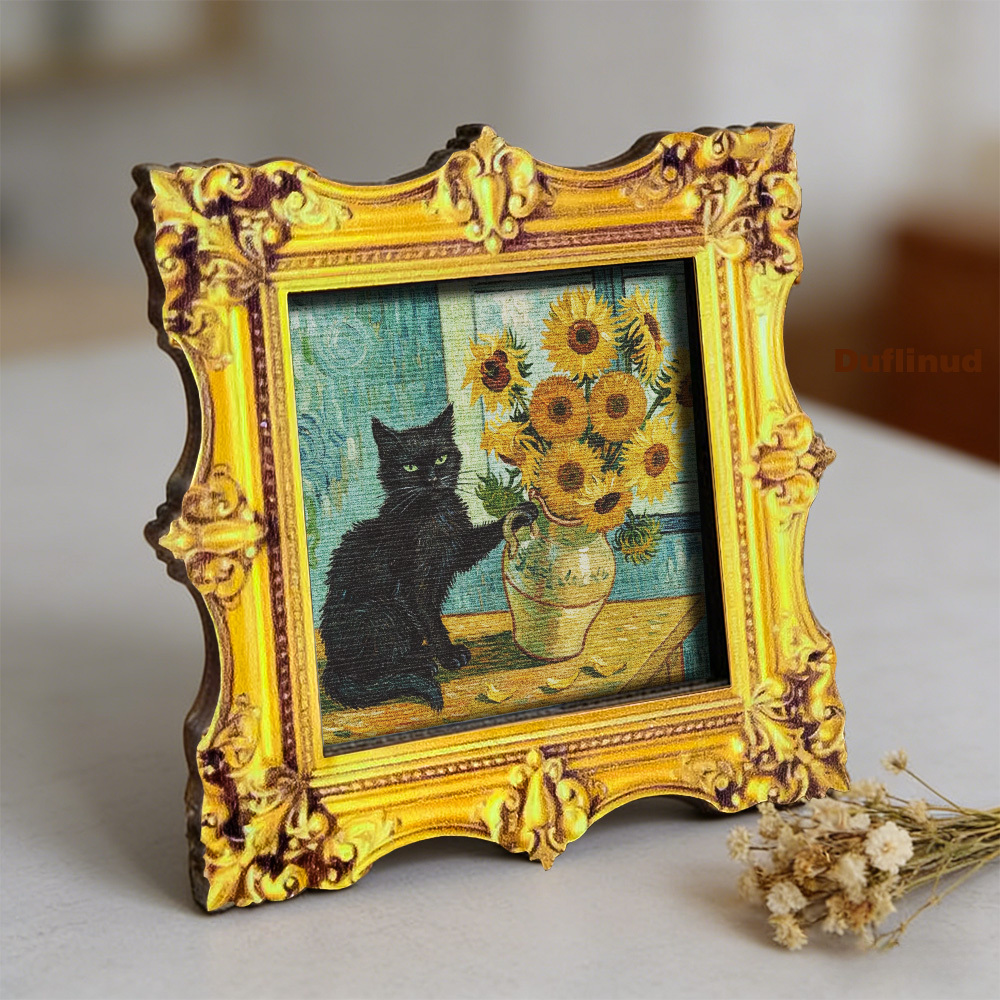 TEMU 1pc Duflinud Wood Fridge Magnet Suitable For Cat Lovers - Miniature Black Cat & Sunflowers Magnetic Decoration, Square Wood Board Magnet,