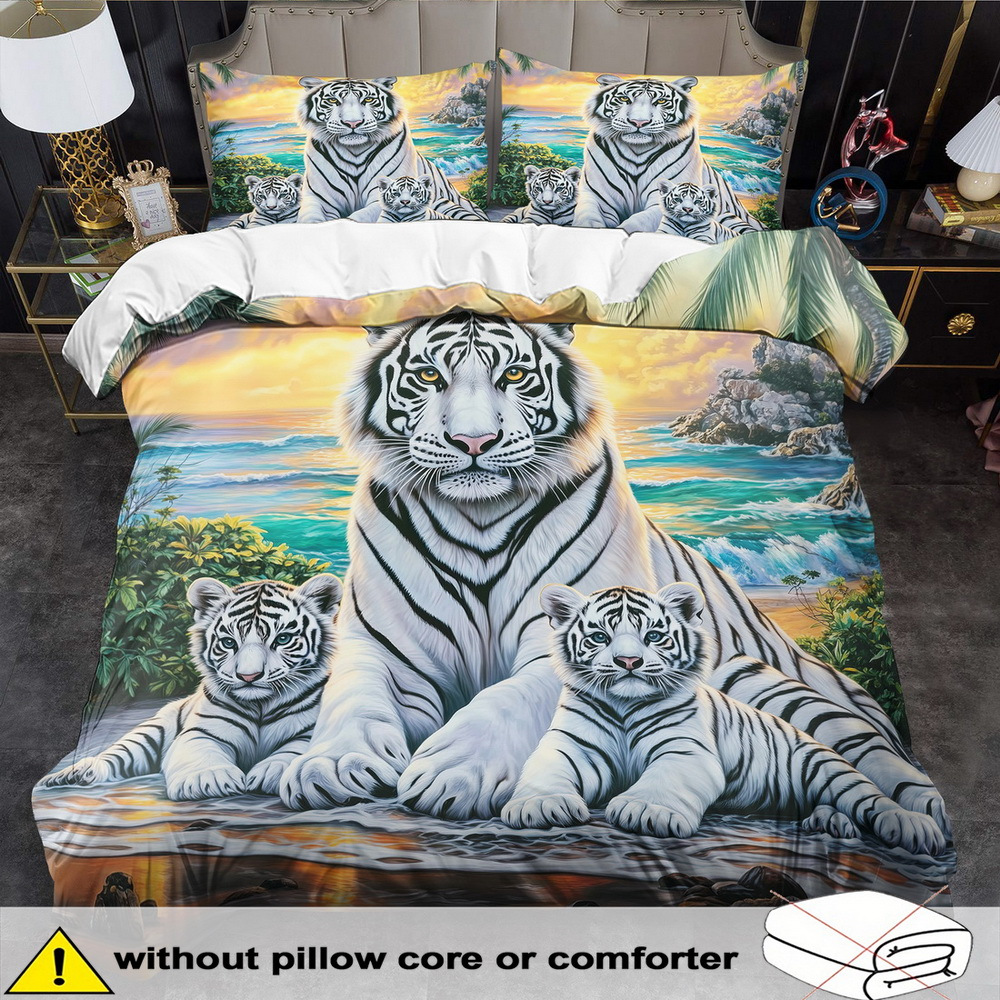 TEMU Parure de Housse de Couette Thème Tigre Blanc - 2/3 pièces, Douce, Confortable et Respirante, Linge de Lit Imprimé Motif Animal , Parure de