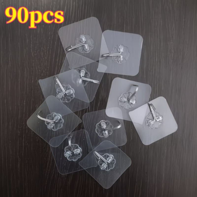 TEMU 90-pack Transparent Plastic Polished End Self-adhesive Hooks | Heavy-duty -bearing 22 Lbs Strong Adhesive Hooks | No Drilling, No Nails,