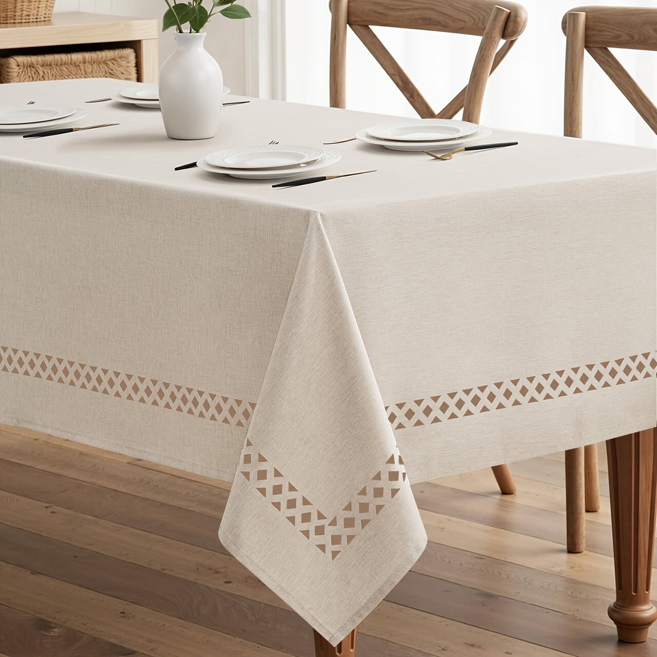 TEMU 1pc Beige Farmhouse Tablecloth Suitable For Dining, Weddings & Outdoor - Rectangular Table Cover With Neutral Beige, Machine-made Cloth Fits For