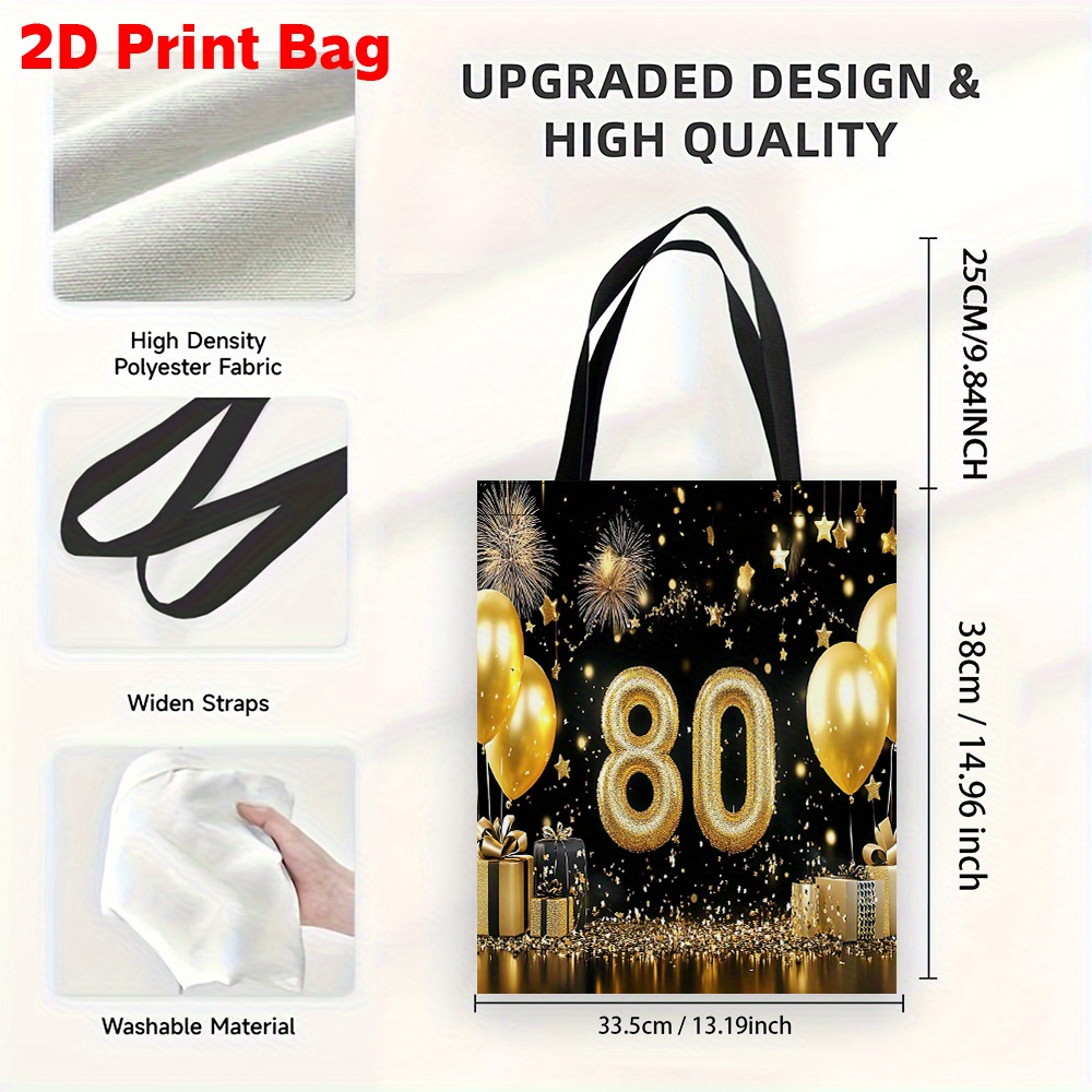 TEMU Cadeau voor Haar/Hem 2D Print Tas Tachtigste Verjaardag Tote Bag met 80ste Verjaardag Viering Groot, Herbruikbaar & Veelzijdig voor Winkelen &