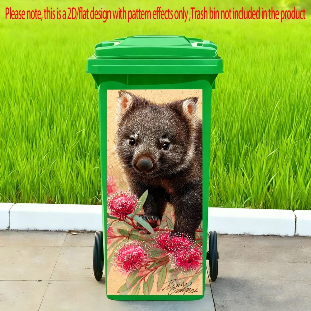 TEMU 1pc 2d Flat Cute Baby Wombat With Australian Local Red Flowers Art Pattern Trash Can Sticker Outdoors Waterproof Bin Stickers Self Adhesive