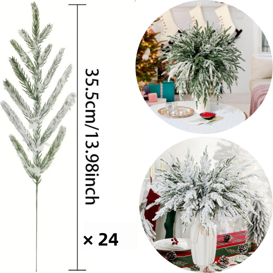 TEMU 24pcs 35.5cm Christmas Artificial Pine Stems Snow Frosted Pine Branches Faux Xmas Tree Picks Realistic Pines Needles Winter Fake Greenery