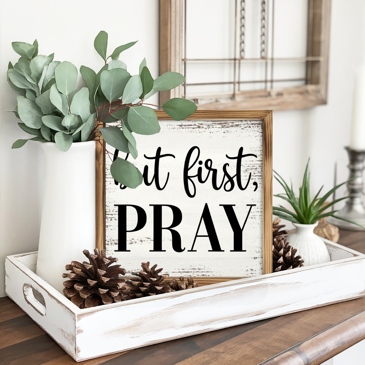 TEMU 2d Flat, 1pc Rustic Farmhouse Wooden Framed " Pray" Sign - 8x8 Inch White & Wood Verse Wall Art Or Tabletop Decor With Pinecones &