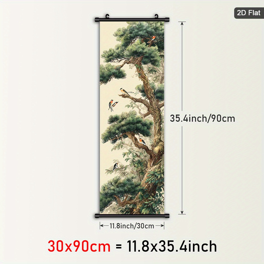 TEMU 1 pièce Art mural vertical encadré en rouleau avec oiseau et feuillage - Rouleau à suspendre de style asiatique moderne avec cadre en plastique