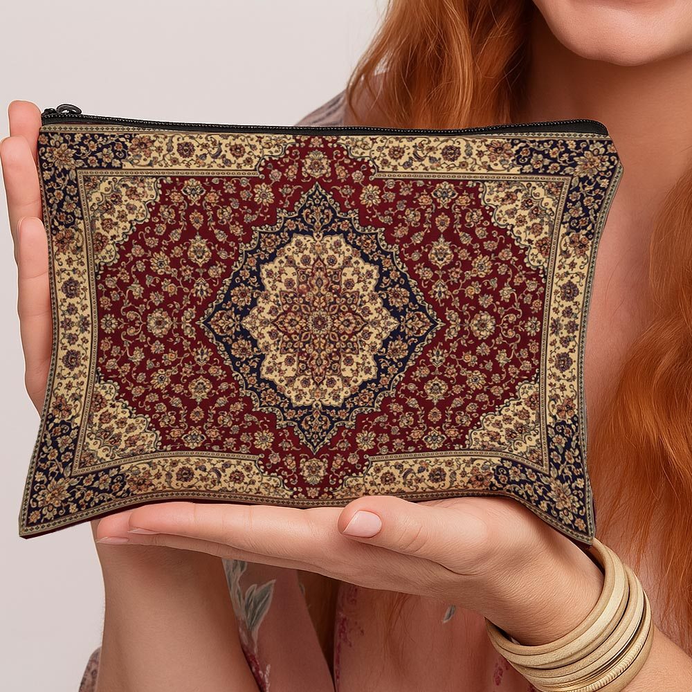 TEMU 1pc Persian Vintage Decorative Makeup Bag | Geometric Medallion Red And Golden Zipper Multi-functional Travel Toiletry Storage Bag, With ,