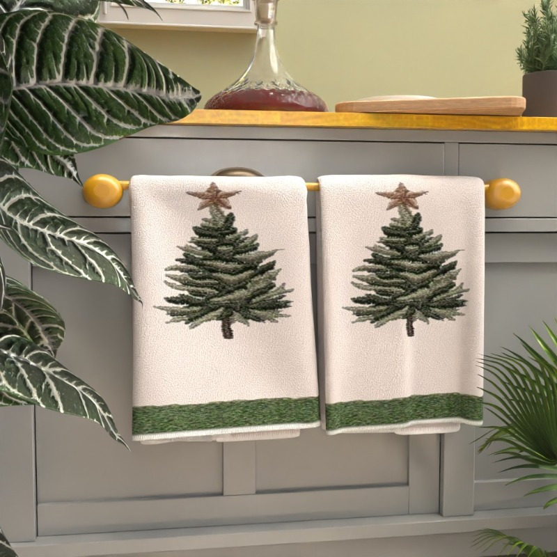 

2pcs Christmas Tree Embroidered Towels Set, 18x26 Inches, Super Soft Polyester, Contemporary Style, Machine Washable, Oblong Hand Towels For Kitchen & Bathroom, Ideal Holiday Gift