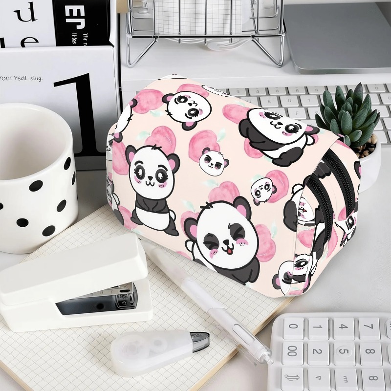 TEMU Trousse à crayons double couche, motif panda et pêche, double fermeture éclair 4.2SS, grande boîte à papeterie, design de dessin amusant,