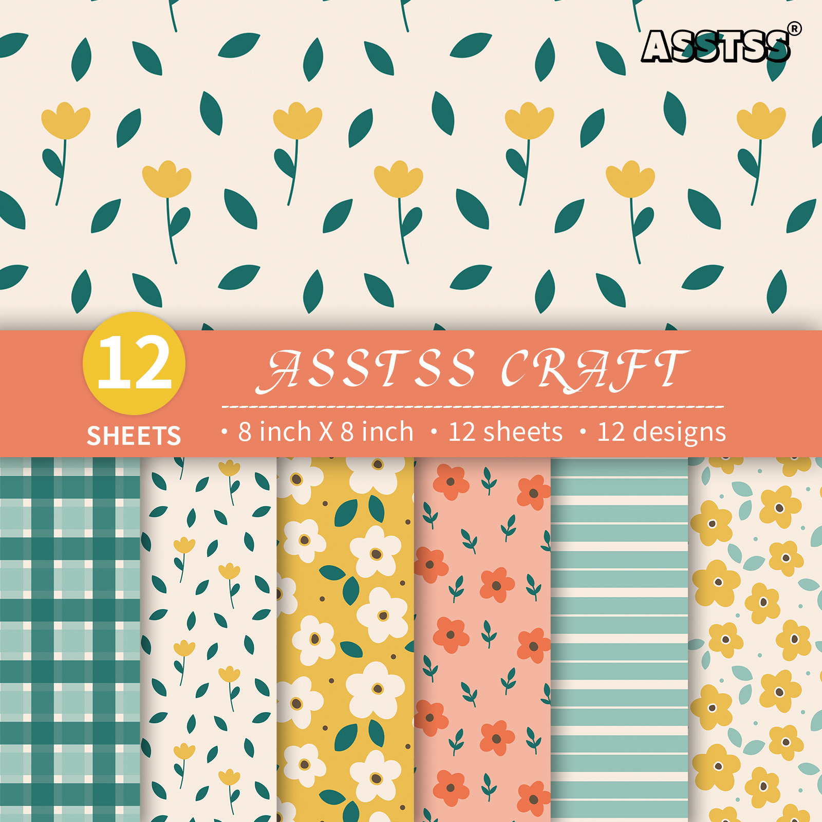 TEMU A Pack Of 12 Sheets Of 8x8-inch Scrapbooking Paper Featuring Floral Plaid Design, Made From Heavyweight Cardstock Suitable For Journaling,