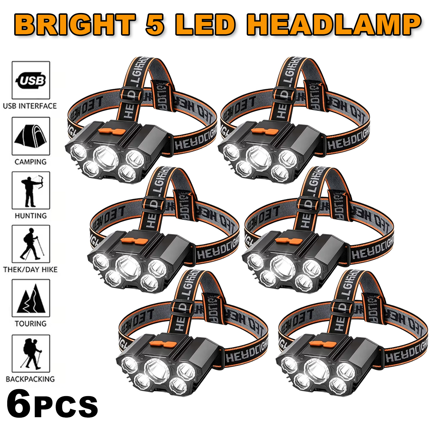 TEMU 6pcs Multifunctional 5led Headlights, Usb Charging Headlights (with Wires), 4 Adjustable , Suitable For Outdoor Camping, Night Fishing, Hiking,