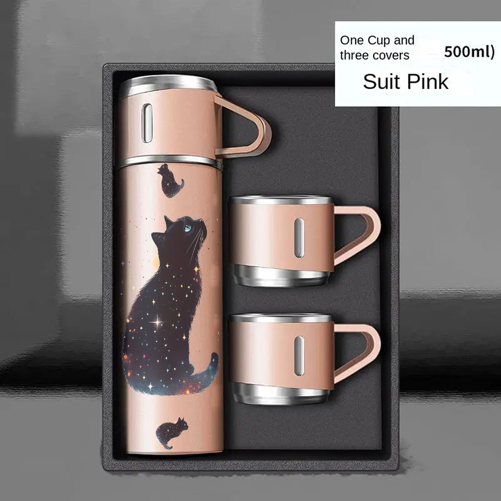Image of 1pc & Water Bottle - Cute Kitten With 3 Cup Lids, Leakproof Vacuum Insulated , 304 Stainless Steel Thermal Cup For Hot/cold Drinks, Portable For Travel, Office, Camping, Gift