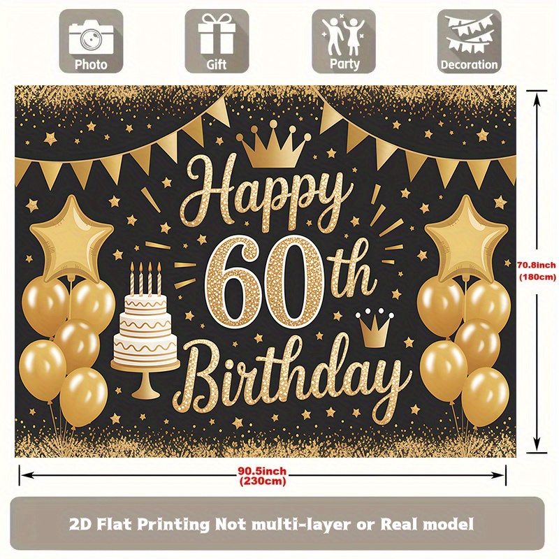 Image of 2d Flat, 1pc 60th Birthday Banner - With Balloons & Confetti - Spanish Number "60años" Text - Polyester Party Decorations Suitable For 60 Years / Birthday Party, Celebration, 2d Flat