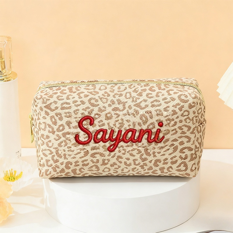 TEMU Trousse de maquillage grande avec nom personnalisable, organisateur portable texturé à imprimé léopard marron thé , tissu à l' adapté aux