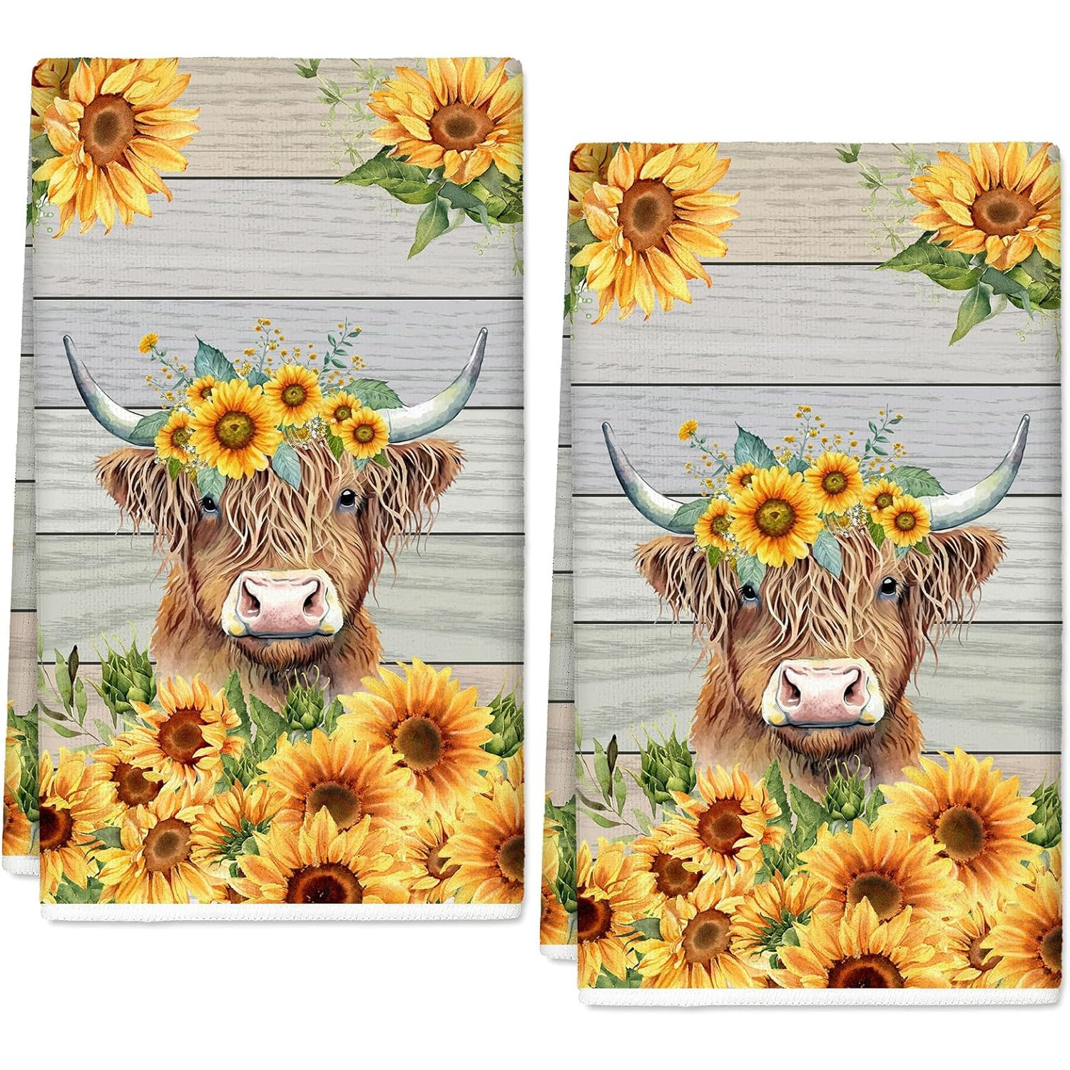 

2-pack Highland Cow Sunflower Kitchen Towels, 18x26 Inches, Polyester Dish Cloths, Farmhouse Floral Tea Towels For Spring/summer, Machine Washable, Yellow