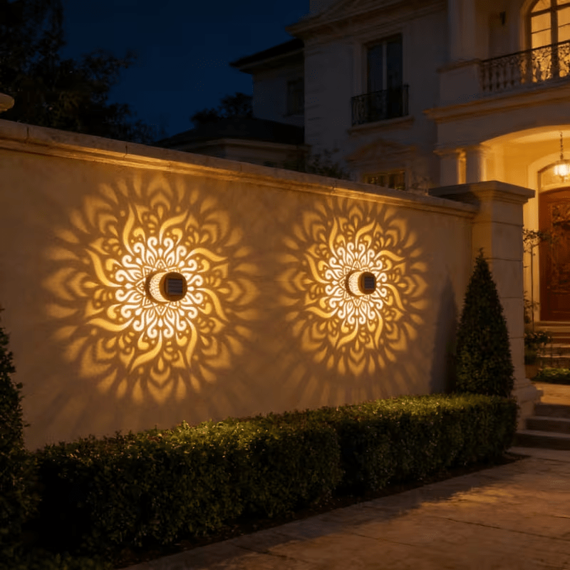 E-shop 2er-Pack Solar-Wandleuchten für den Außenbereich, Hof, Metall Solar Mandala Leuchten, Blumenförmige Wandleuchten, IP65 Schutzklasse, Dekorative