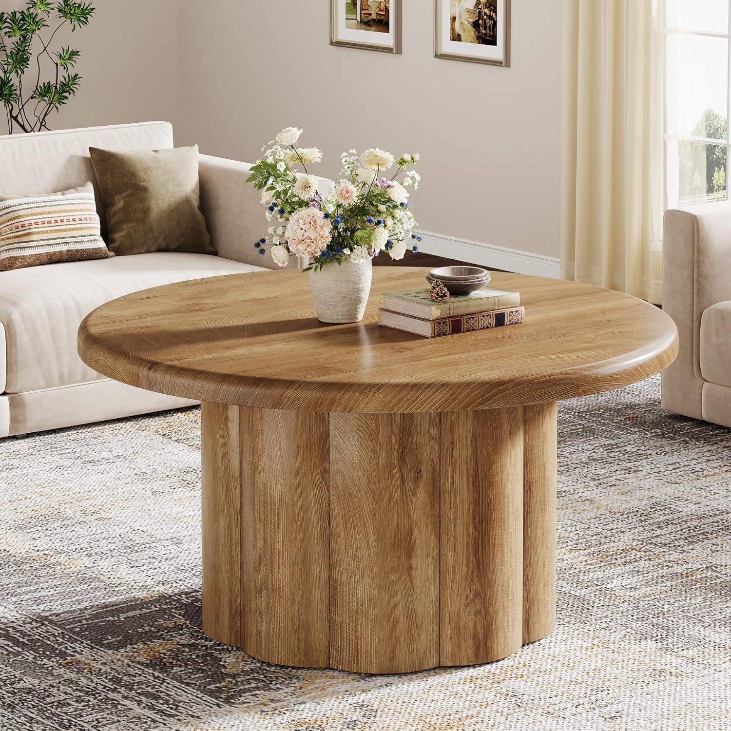 TEMU Table basse ronde de 31,5" - Base et plateau à tambour cannelés style rétro ferme - Table circulaire compacte à assembler pour , appartements,