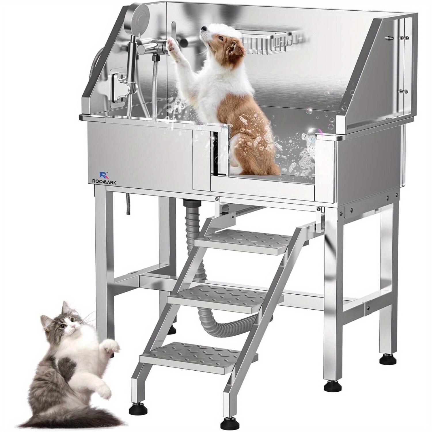 

Deluxe 34" Stainless Bathing Station With Sliding Door, Faucet & Sprayer - Ideal For Medium To Small Pets, Home Use, Supports Up To 110lbs Capacity