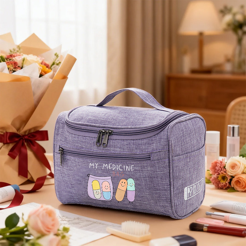 TEMU [toiletry Bag] Cute Cartoon Pill Bag Print Hook-and-large Capacity Toiletry Bag Multi-compartment Partition Organizer Portable Makeup Bag,