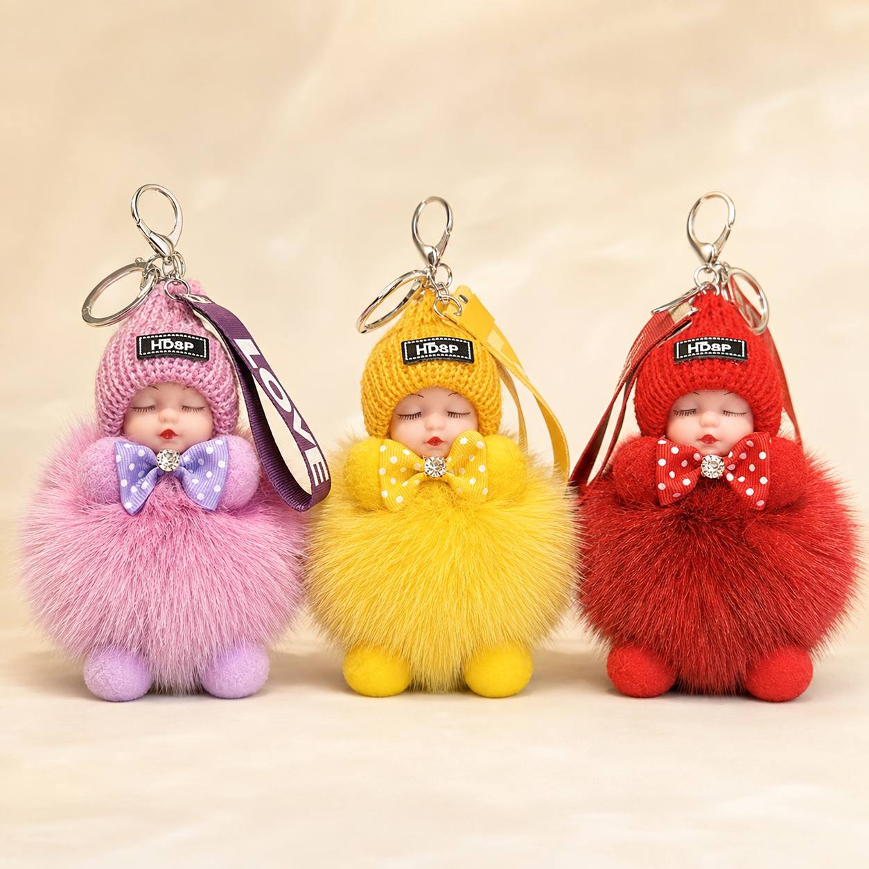 TEMU 3 Cute Doll Keychains, Bag Charms Decorated With Knit Hats And Polka Dot Bows; Fluffy Plush Doll Keyrings Suitable For Car Keys, Backpacks And