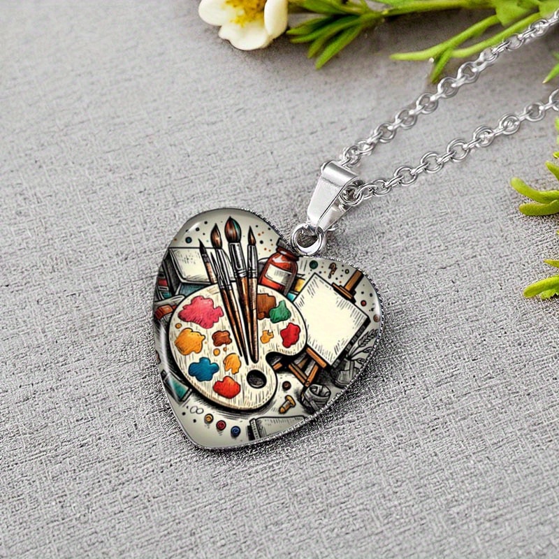 1pc Men's Artistic Palette Heart Pendant Necklace - Handmade Stainless Steel & Glass Jewelry With Colorful Design, Fashionable Everyday Accessory For Men, Artistic Necklace