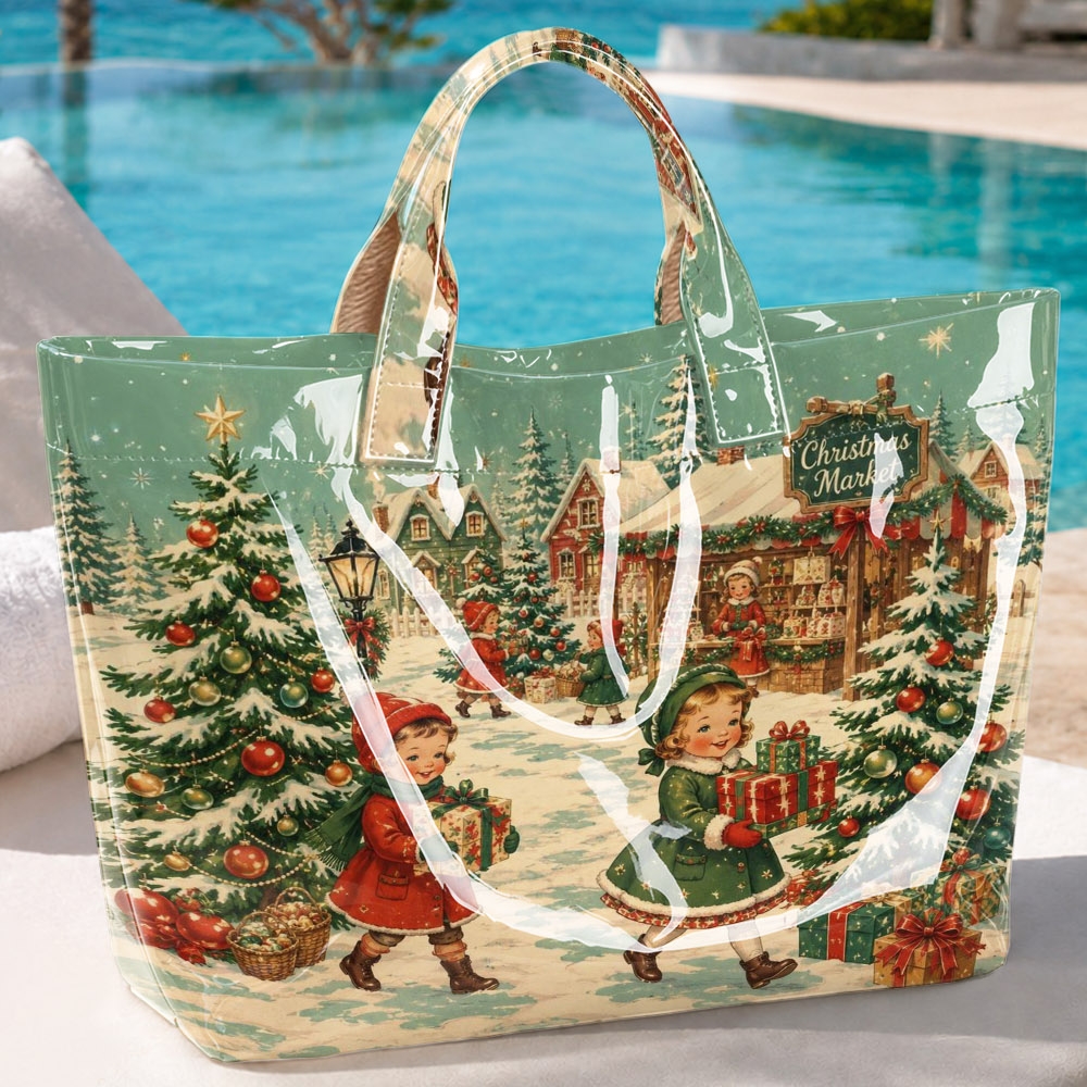 TEMU Vintage Christmas Market Village Print Tote Bag, Snowy Xmas Tree Gift Large Capacity Shoulder Handbag, Retro Holiday Women Shopping Bag