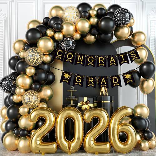 108pcs graduation theme party balloon including metallic golden matte black golden glitter black starry sky balloons number film balloons graduation banner pulling flag for decoration graduation season graduation ceremony class reunion