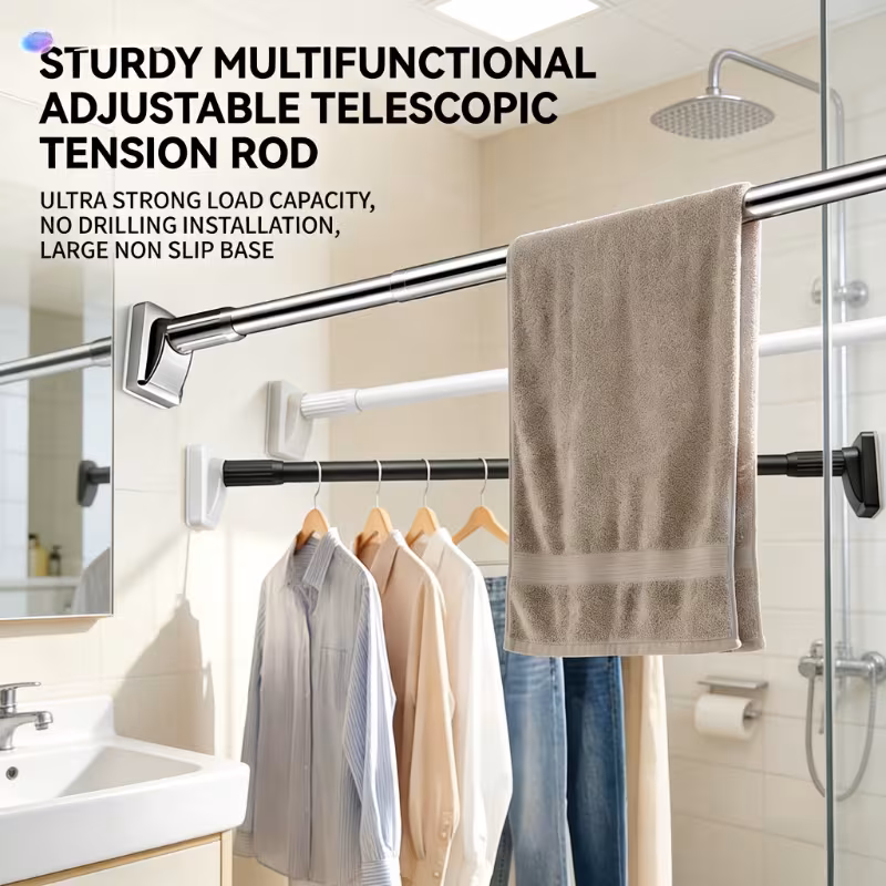 easter multifunctional telescopic rod punch free carbon steel strong load bearing curtain rod shower curtain rod door curtain rod drying rod clothes rack towel rack bathroom additions 1pc drying racks Product details 2