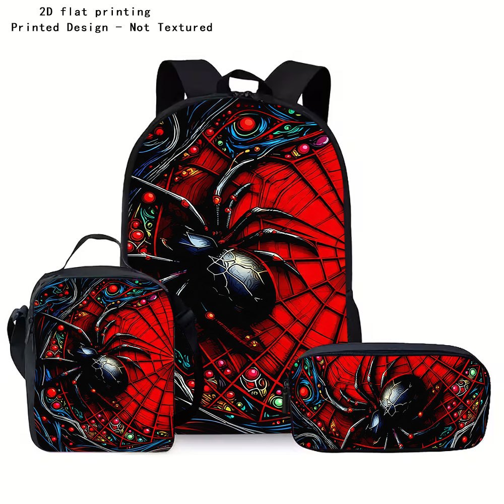 TEMU Red Spider Web Black Spider Colored Gemstone Decoration Artistic Print Backpack 3pcs Set Crossbody Bag Stationery Organizer Pen Pouch 2d Flat