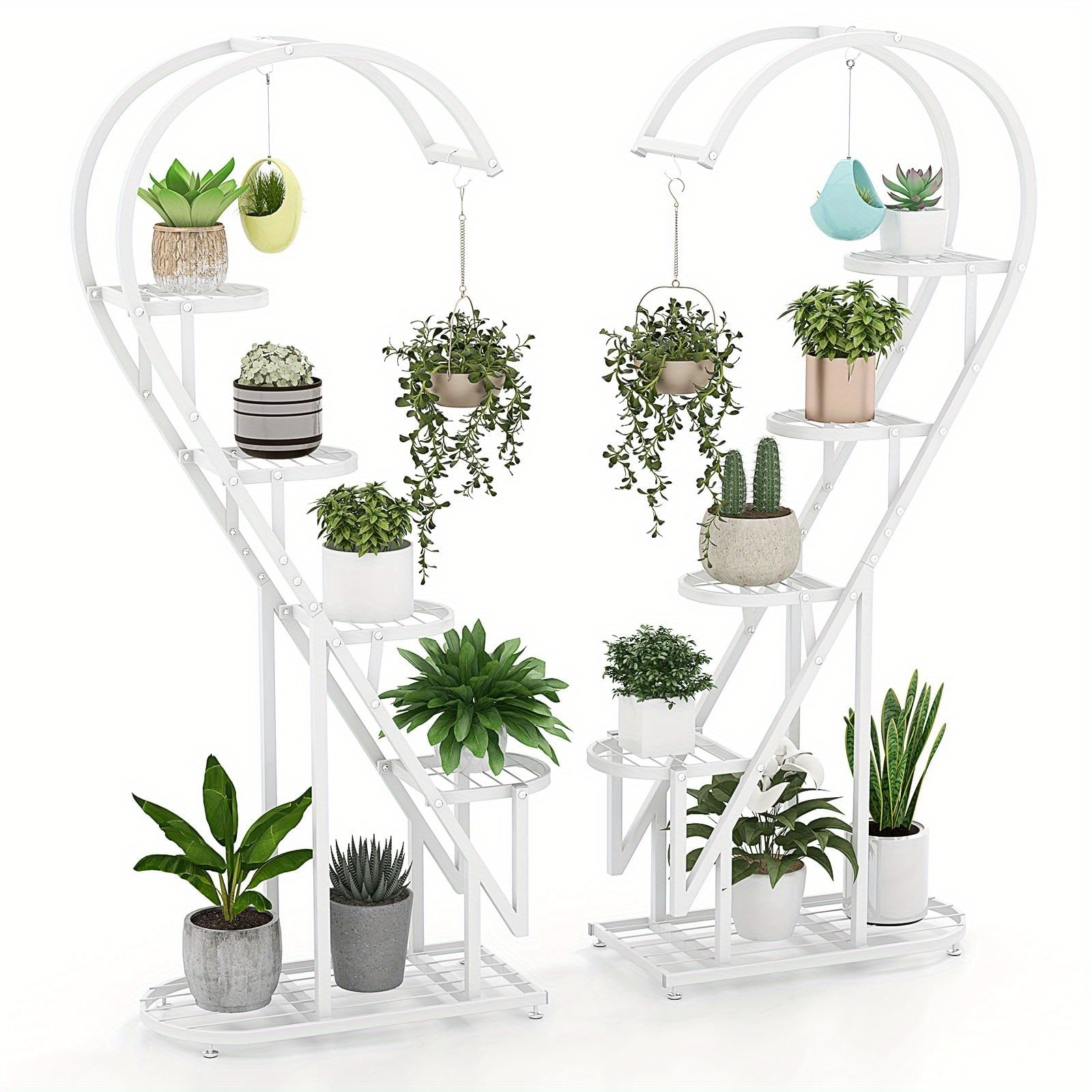Image of 5 Tier Metal Plant Stand, Heart-shaped Ladder Plant Shelf W/hanging Hook For Multiple Plants, Indoor Tiered Flower Display Shelf For Living Room Bedroom Balcony
