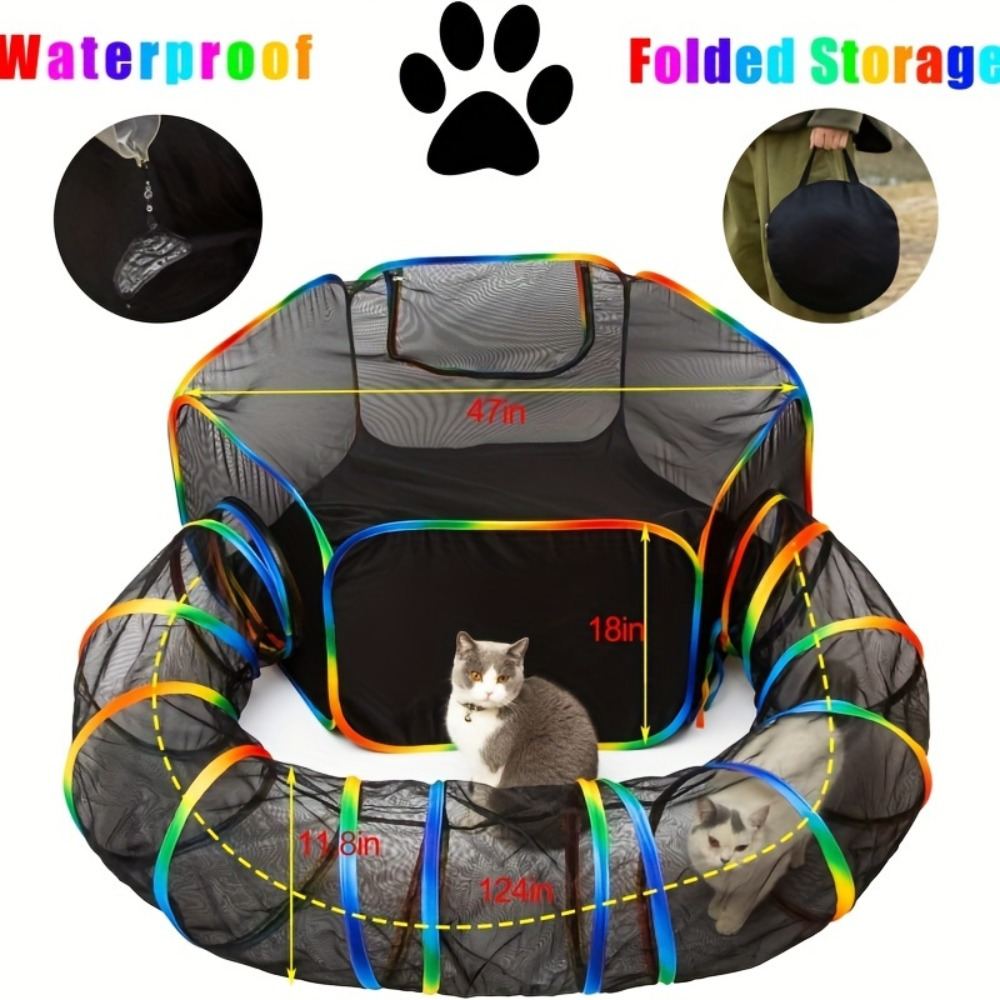 

Waterproof Rainbow Mesh Cat Playpen With Play Tunnel - Portable & Foldable Pet Enclosure For Cats & Small Dogs, Breathable Zippered Design, 18" High, Black With Colorful Accents