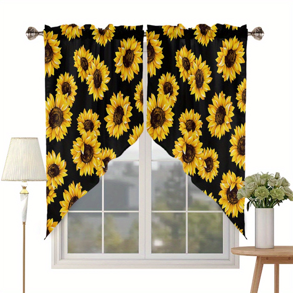 TEMU 1 Set Kitchen Curtain Drapery, Summer Farmhouse Vintage Black Sunflower Curtains Window Treatments, Semi-blackout With Rod Opening Design For